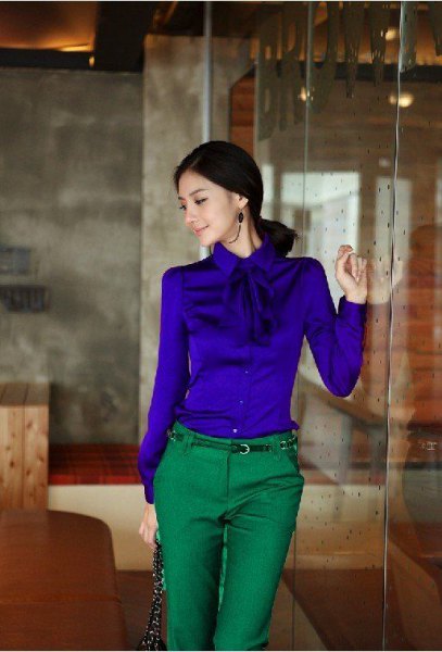 Royal blue bow shirt with grey chinos blue top outfit