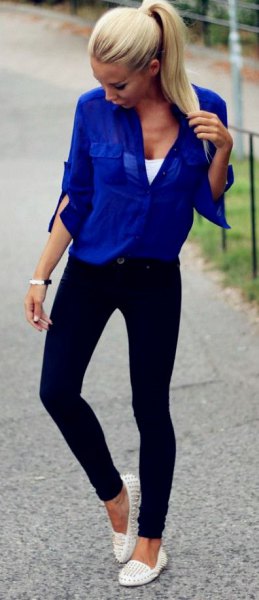 Royal blue oversized shirt with black skinny jeans blue top outfit