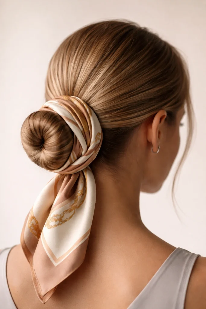 Silk scarf wrapped around a sleek bun