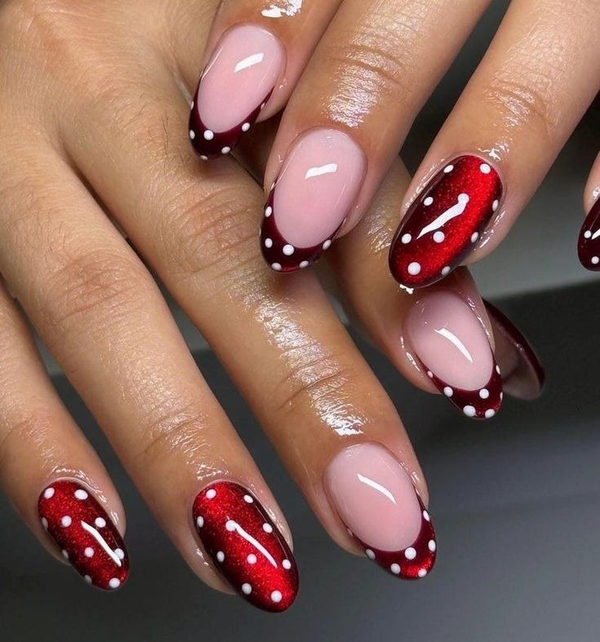 Blush Pink with Red Polka-Dot Tips December nail manicure