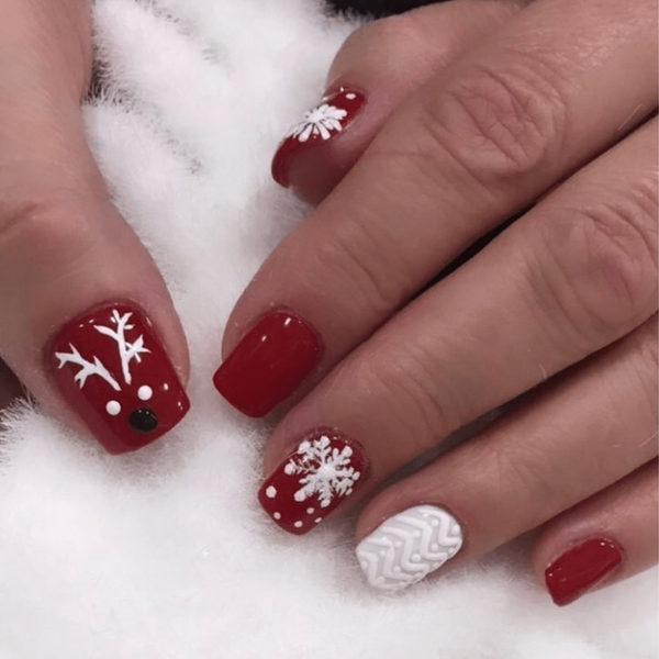 Deep Red with Snowflake and Cable Knit December nail manicure