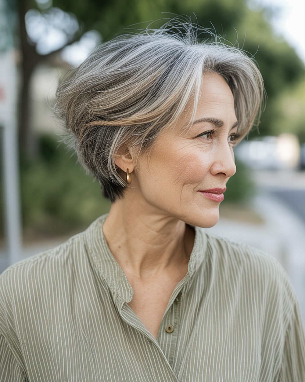 Short gray bob with soft brunette lowlights