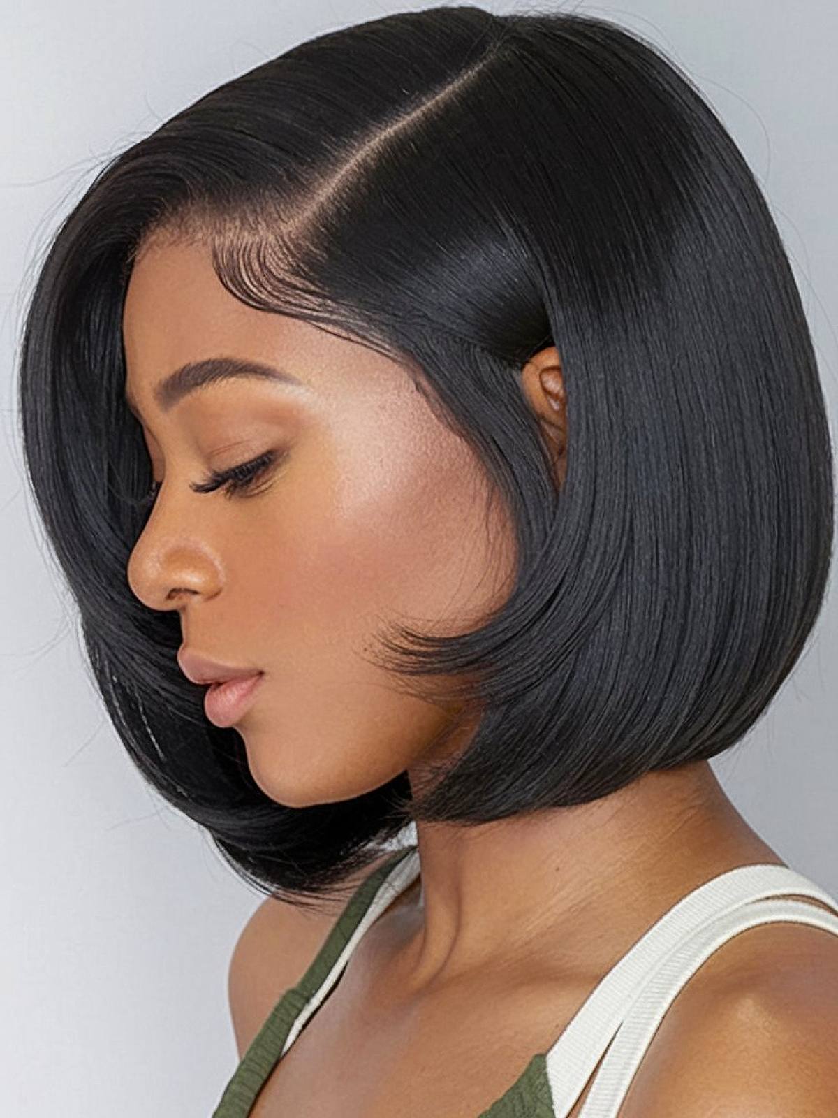 Short bob with blunt ends and a glossy curve silk press hairstyle