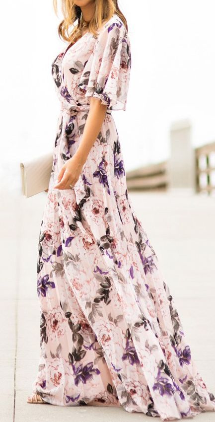 Short-Sleeve White Floral Maxi Dress styling dress idea