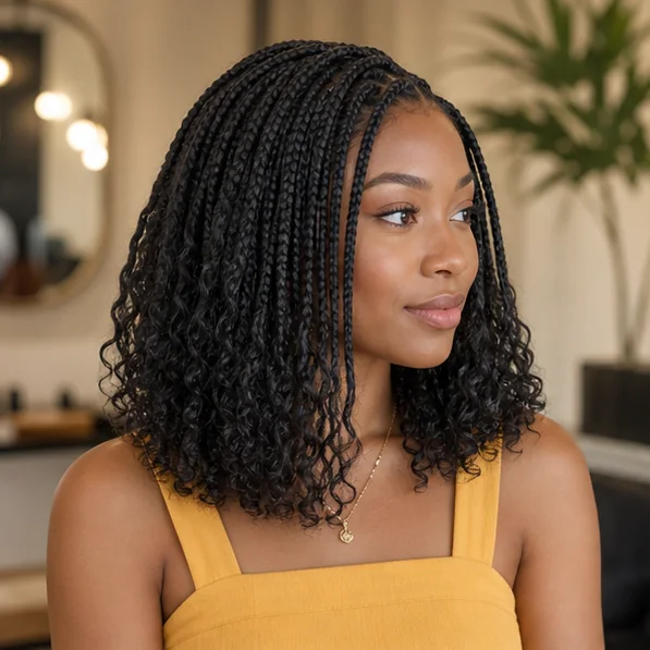 Shoulder-length boho braids with springy loose curls