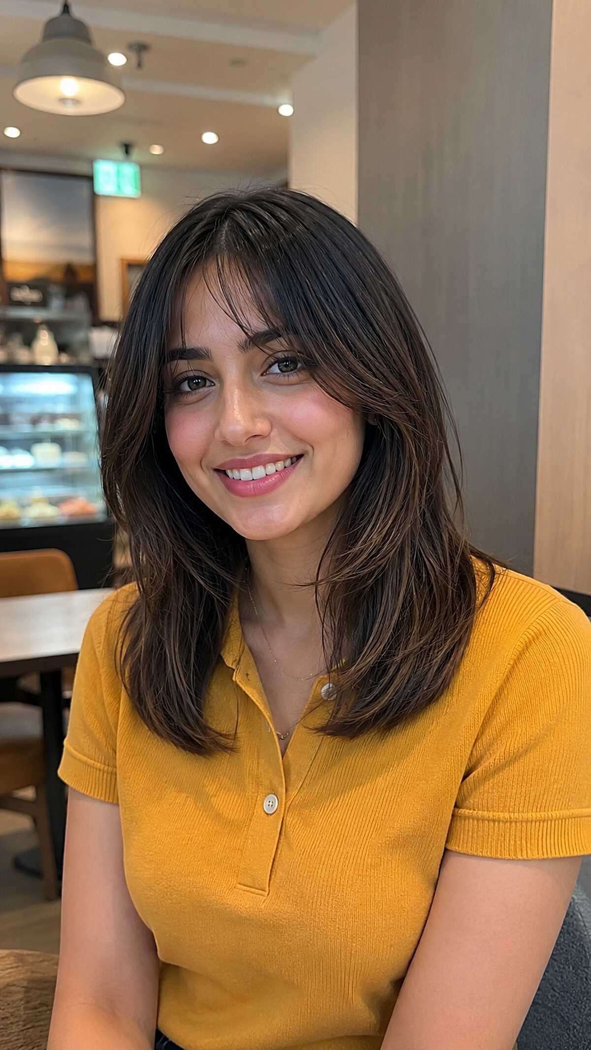 Barely-there highlights on a shoulder cut with curtain bangs brown highlights