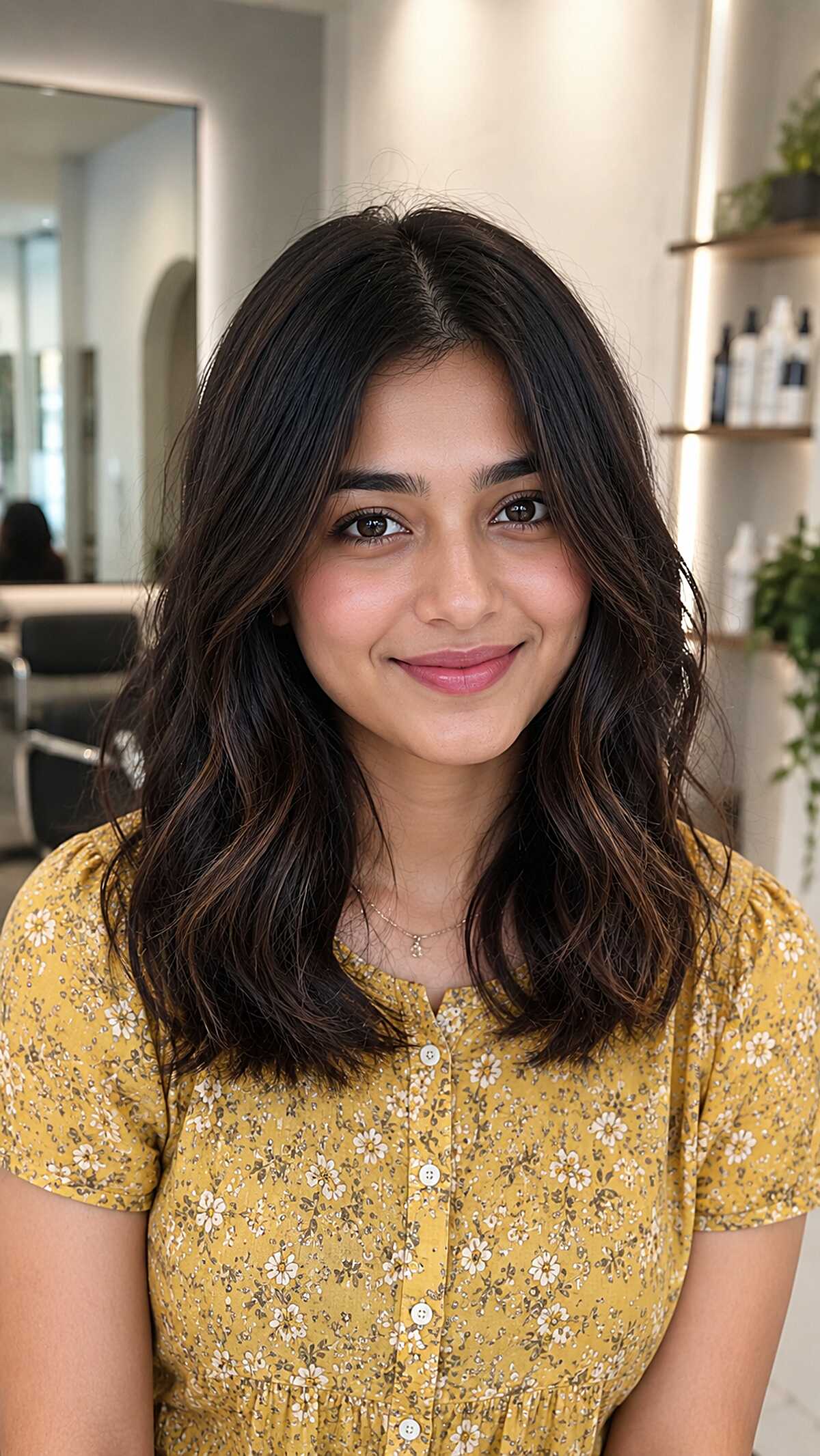 Gentle dimension on shoulder-length dark waves brown highlights