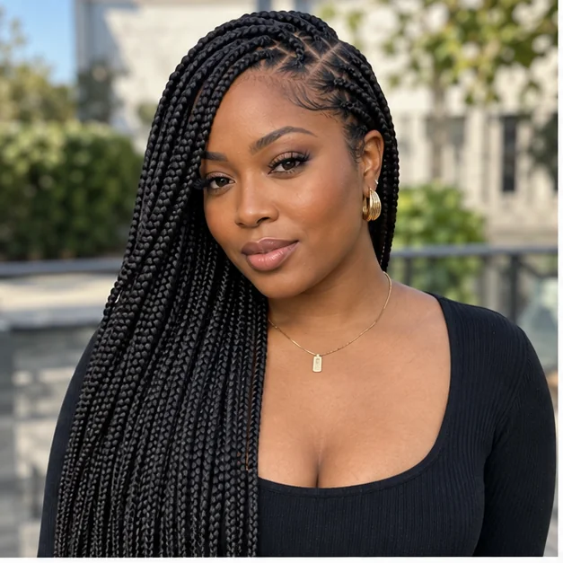 Knotless braids with a deep side part and diagonal sweep