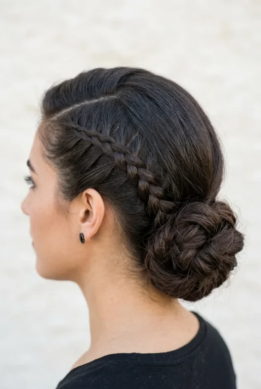French Braid into Low Bun pool hairstyle