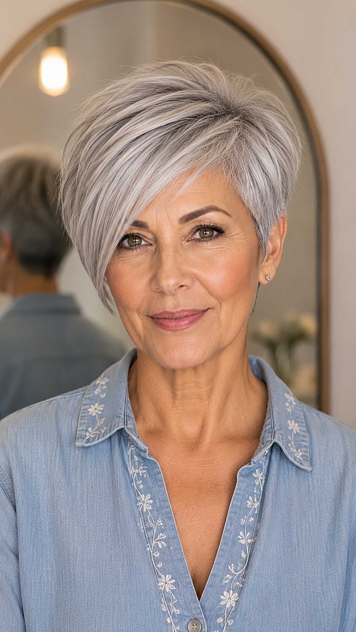 Side-swept silver pixie with long piecey fringe haircut for women over 60
