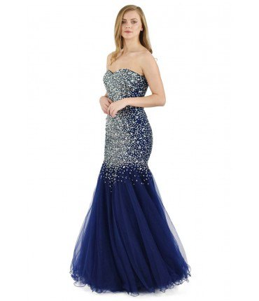 Navy and silver sequin mermaid gown with a tulle skirt