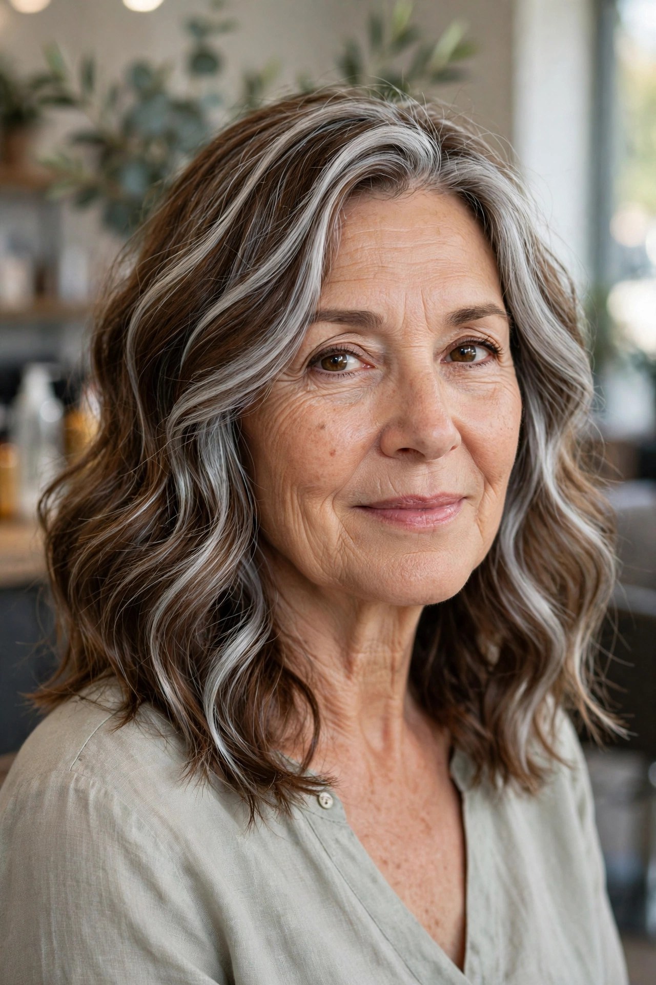 Chestnut Waves with Flowing Silver Ribbons gray blending hair idea
