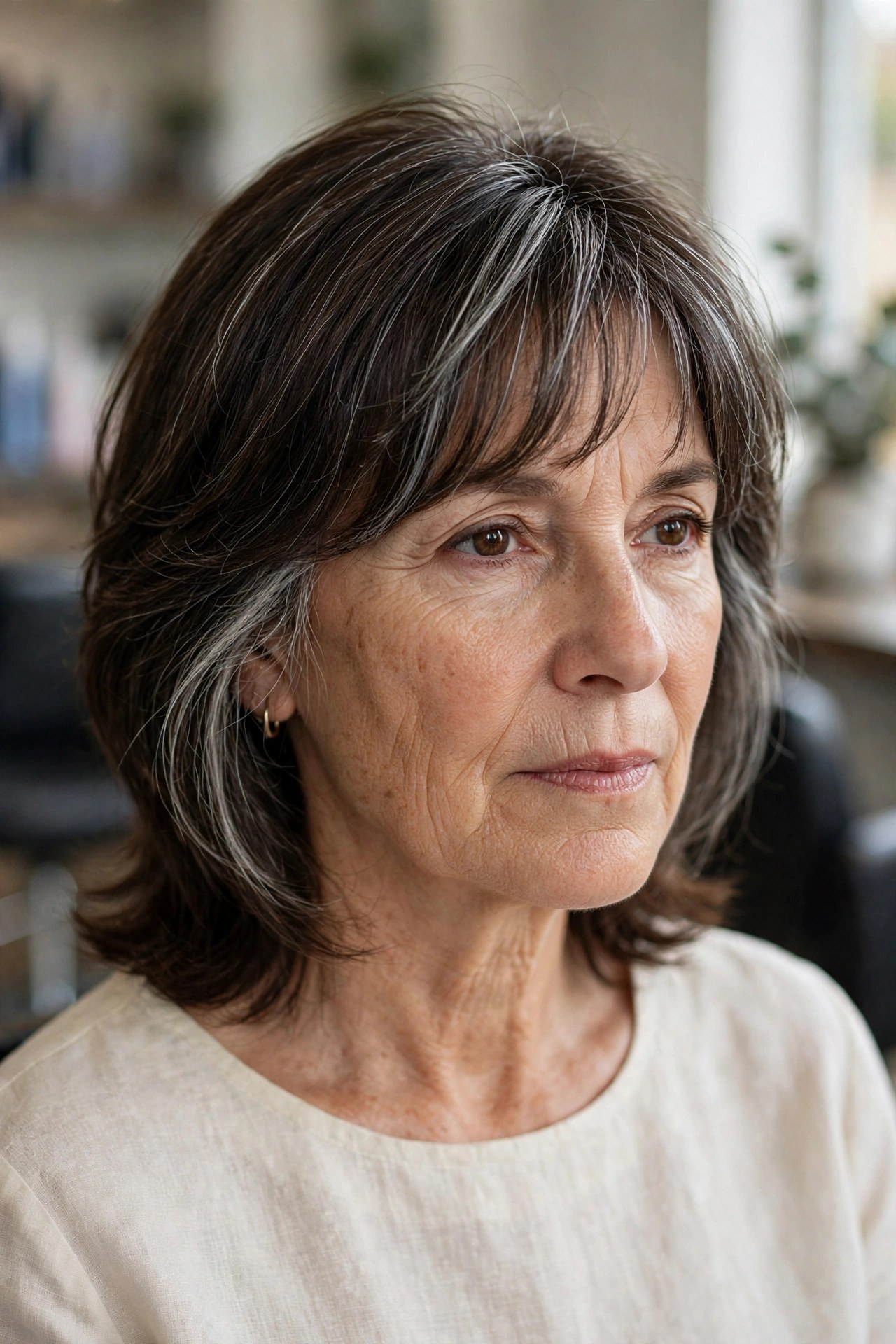 Wispy Bangs with Temple Blending gray blending hair idea