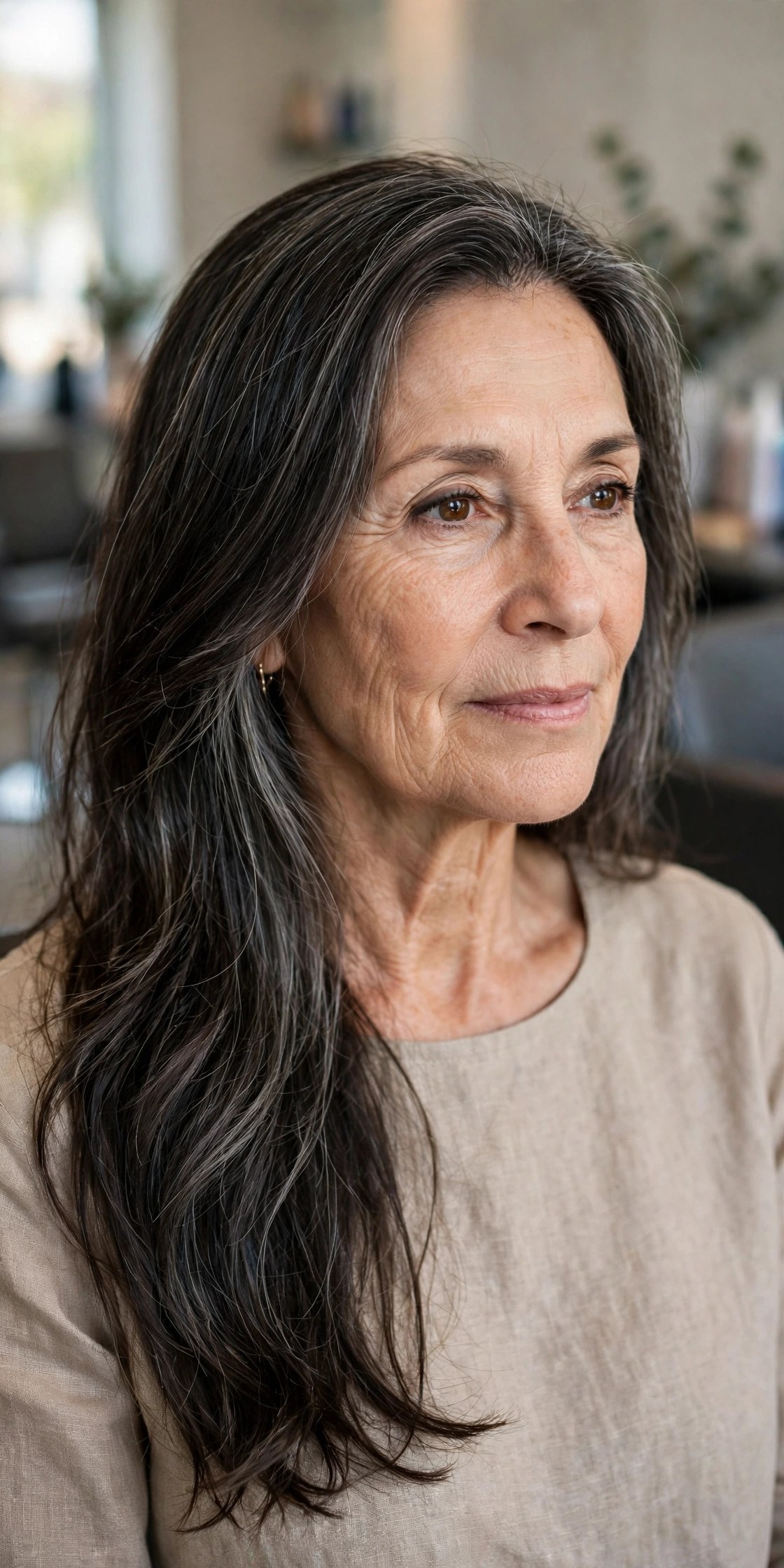 Long Smoky Brunette Hair with a Silver Blend gray blending hair idea