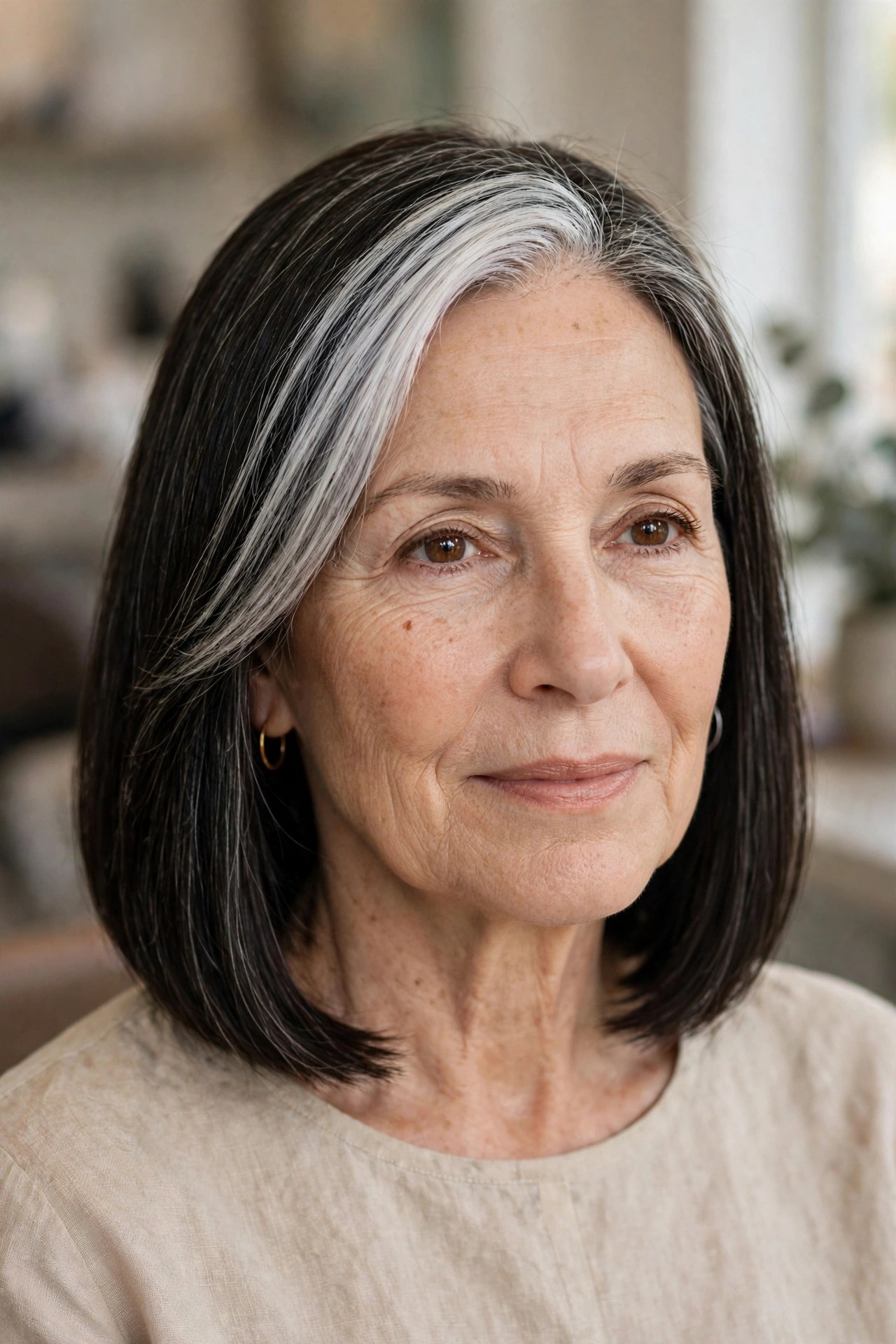 Sleek Lob with a Bold Silver Streak gray blending hair idea