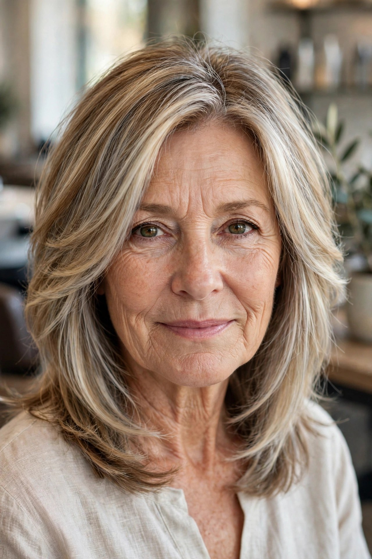 Layered Cut with a Pearl-Blonde Silver Transition gray blending hair idea