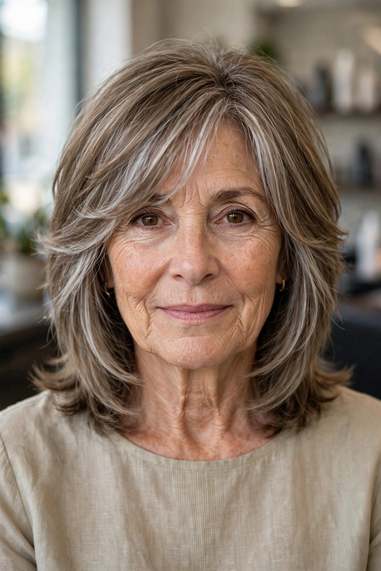 Feathered Layers with Silver Movement gray blending hair idea