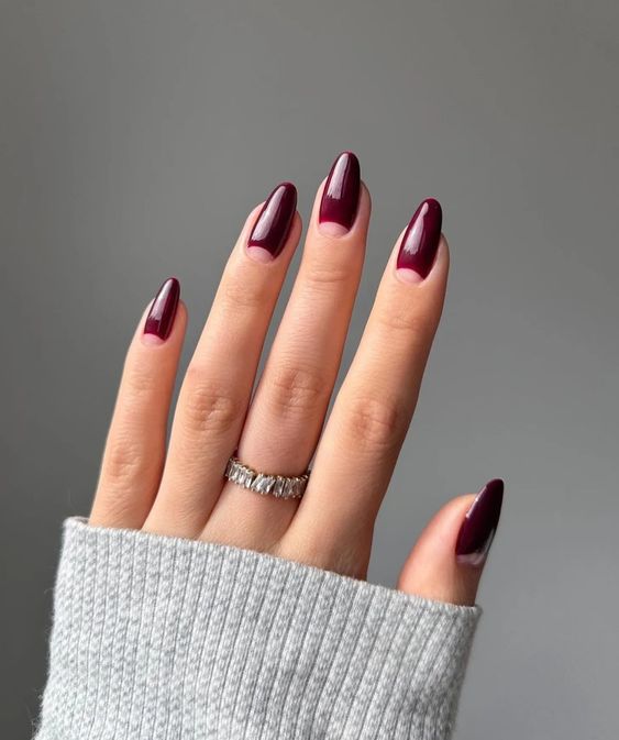 Deep Burgundy Gloss Almonds simple winter nail manicure