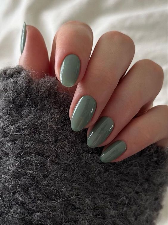 Sage Green Gloss Almonds simple winter nail manicure