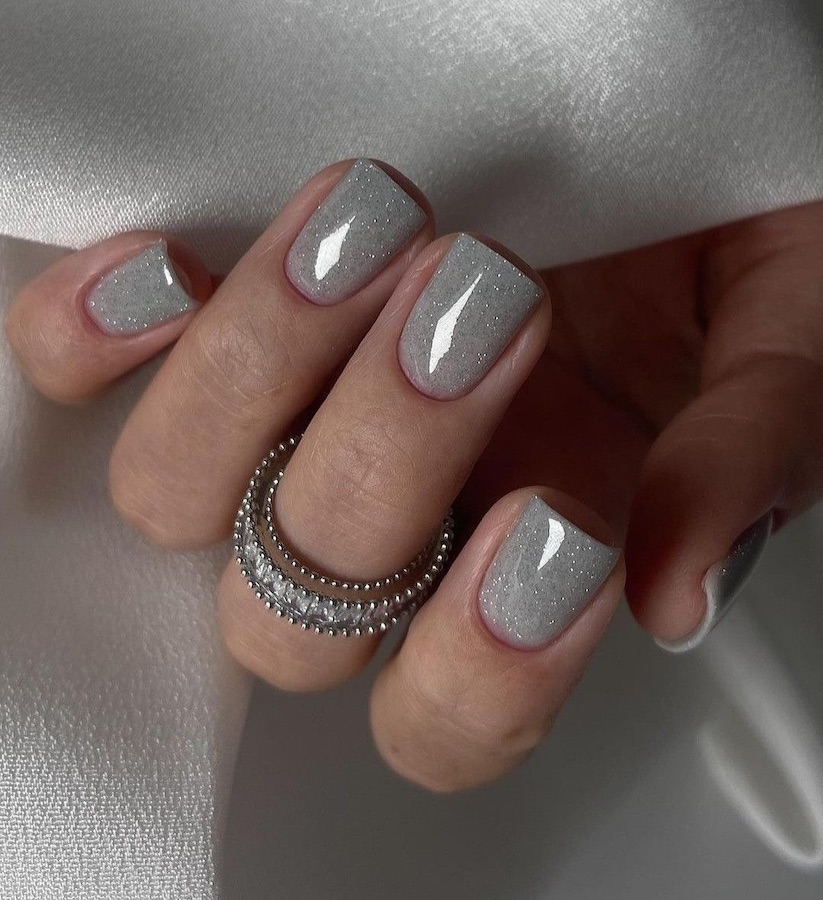 Silver Frost Glitter Squares simple winter nail manicure