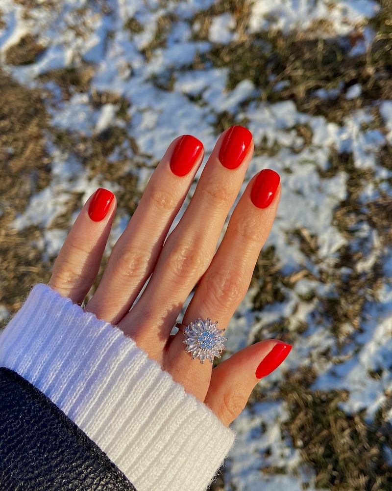 Classic Red Short Ovals simple winter nail manicure