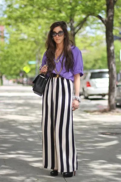 Sky blue blouse with black and white striped wide-leg pants blue top outfit