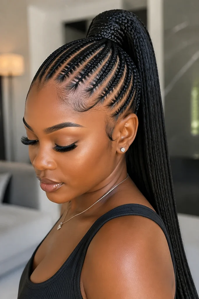 Sleek high ponytail woven into a long braid braided style
