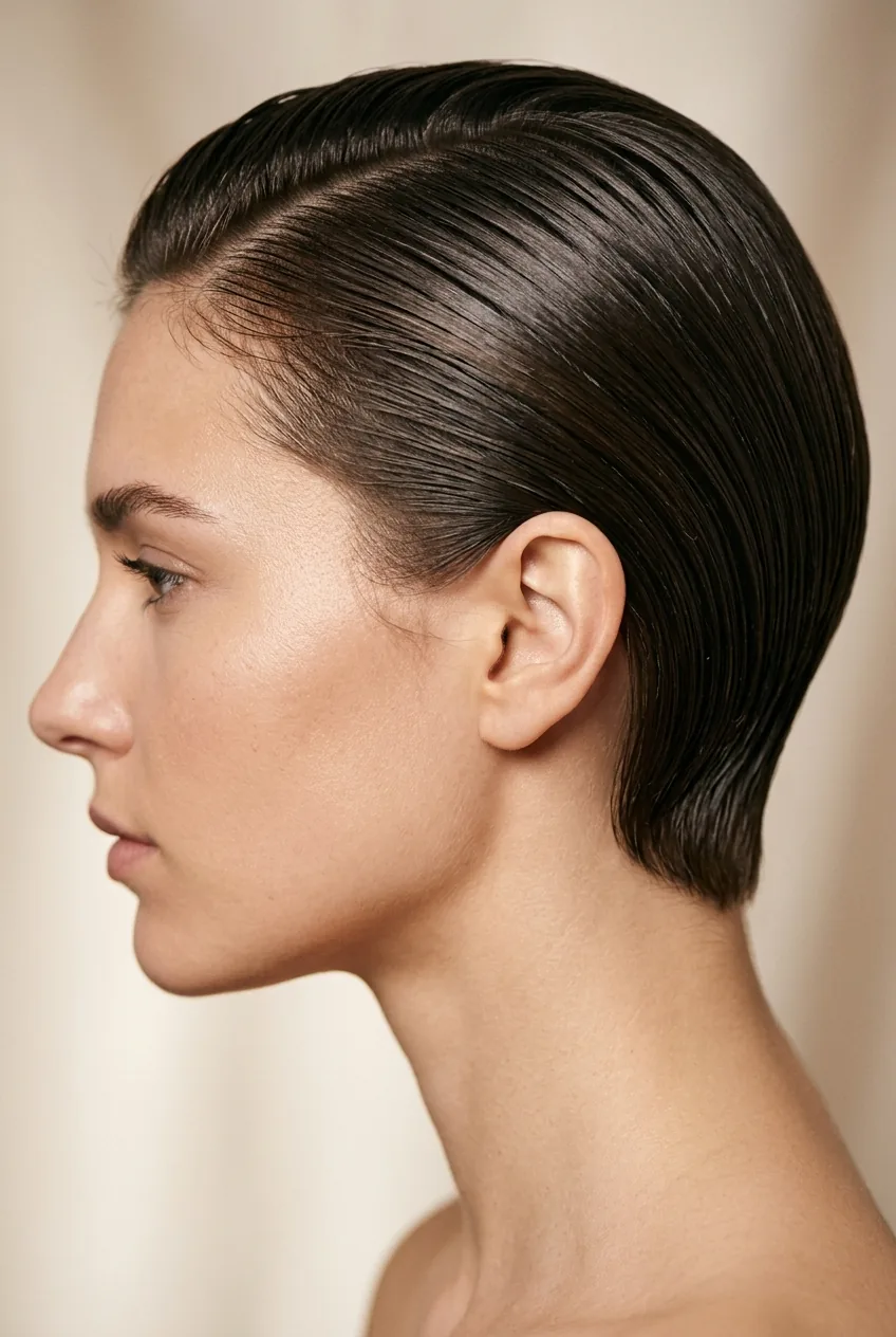 Sleek Side-Parted Slicked-Back Bob with a Glossy Finish slicked back hairstyle