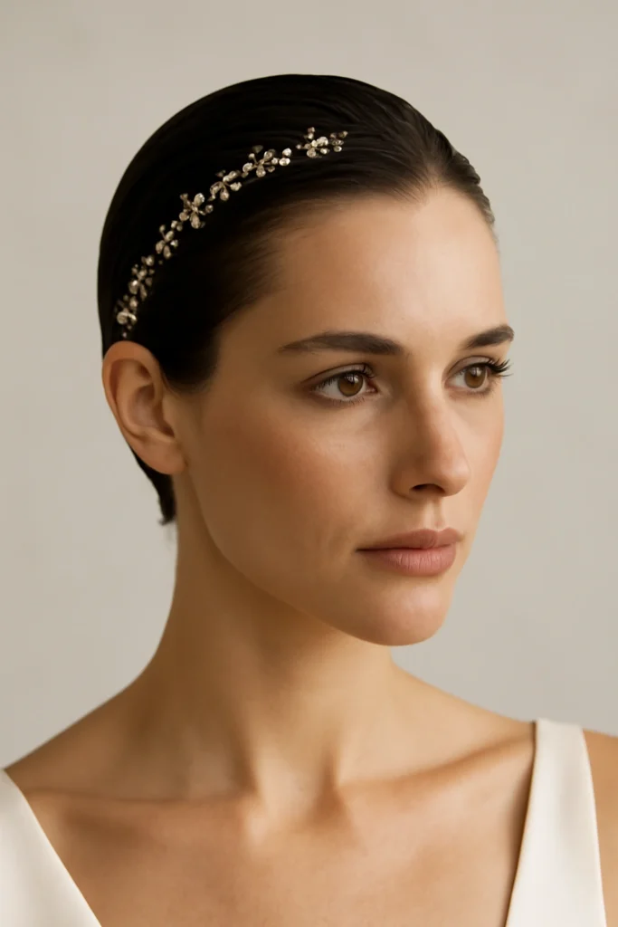 Slicked-back hair with a jeweled barrette