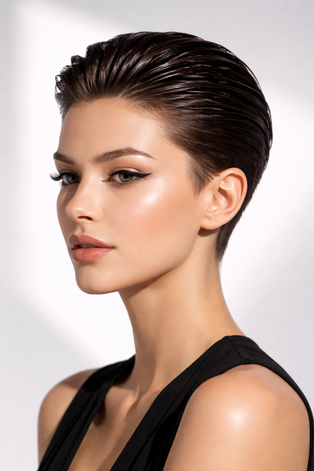 Slicked-back wet pixie cut with side sweep