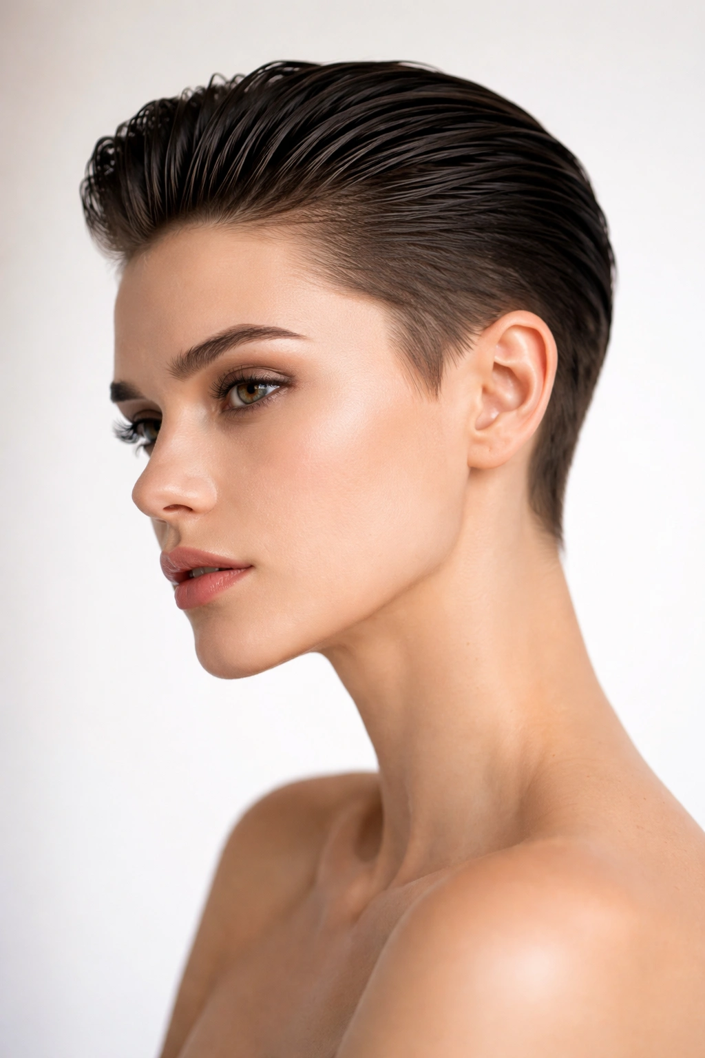 Slicked-back wet look on a brunette lob hairstyle