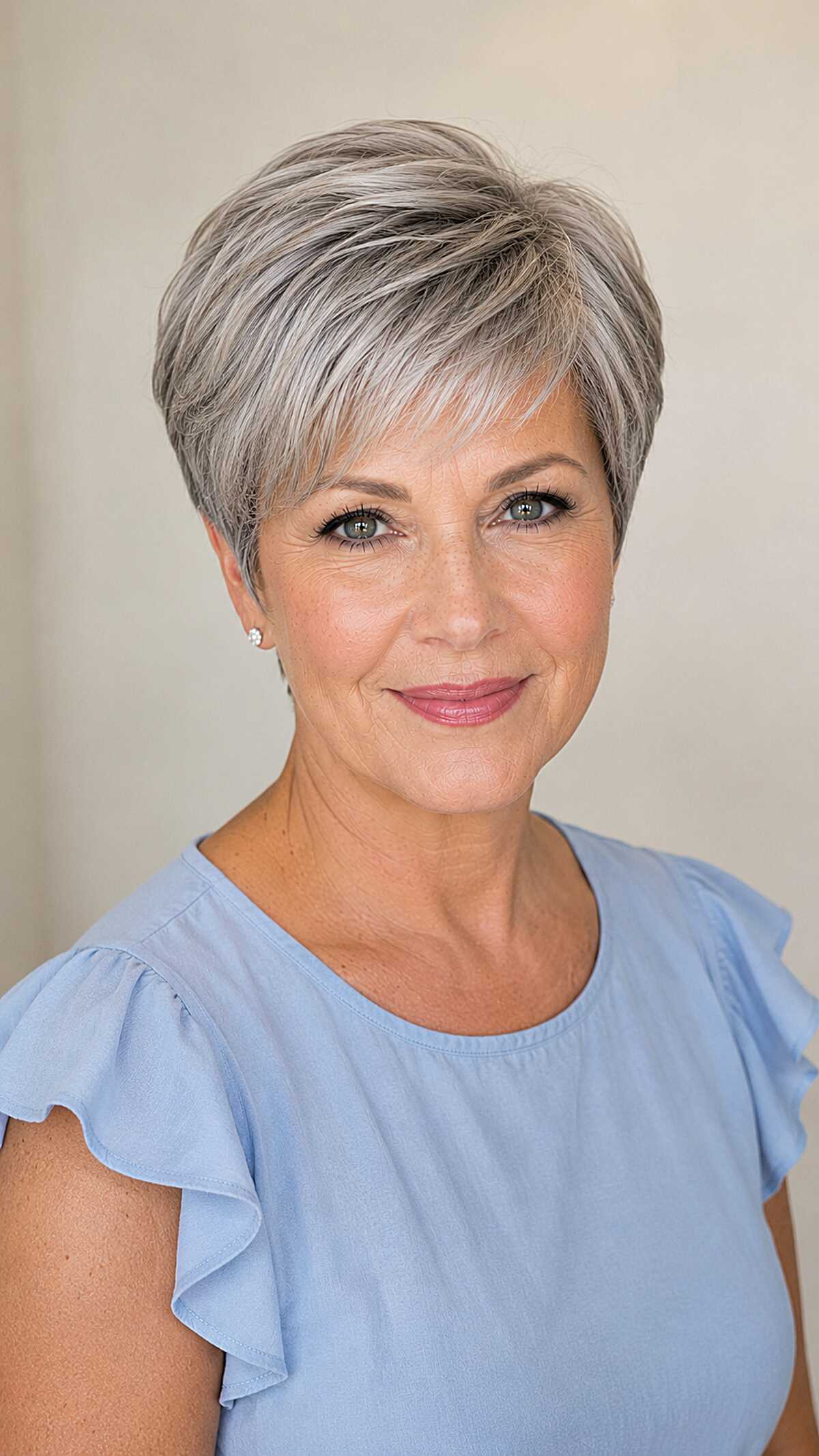 Smooth side-swept silver pixie with tapered ears haircut for women over 60