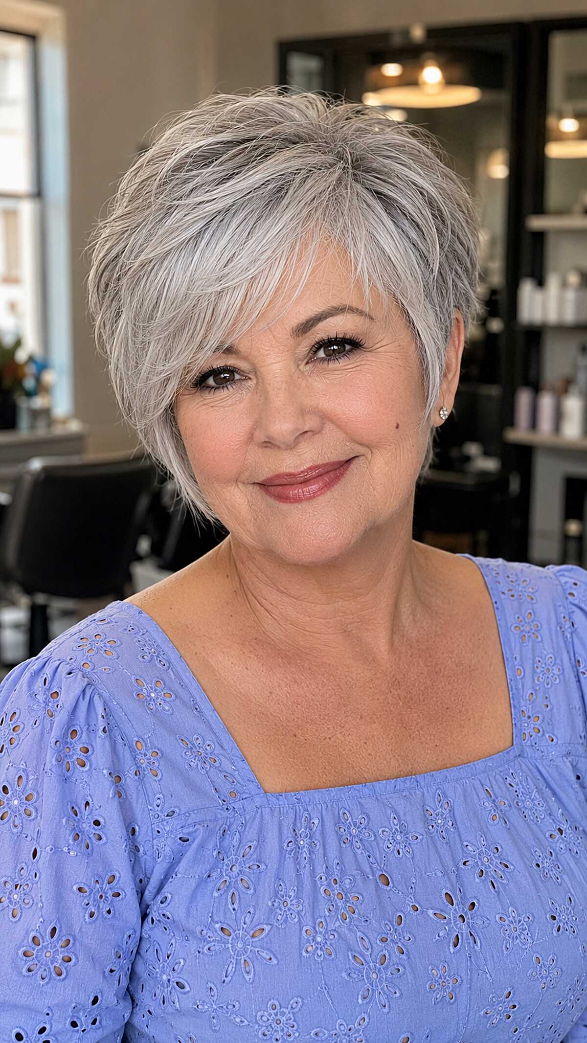 Soft feathered gray crop with long wispy bangs haircut for women over 60