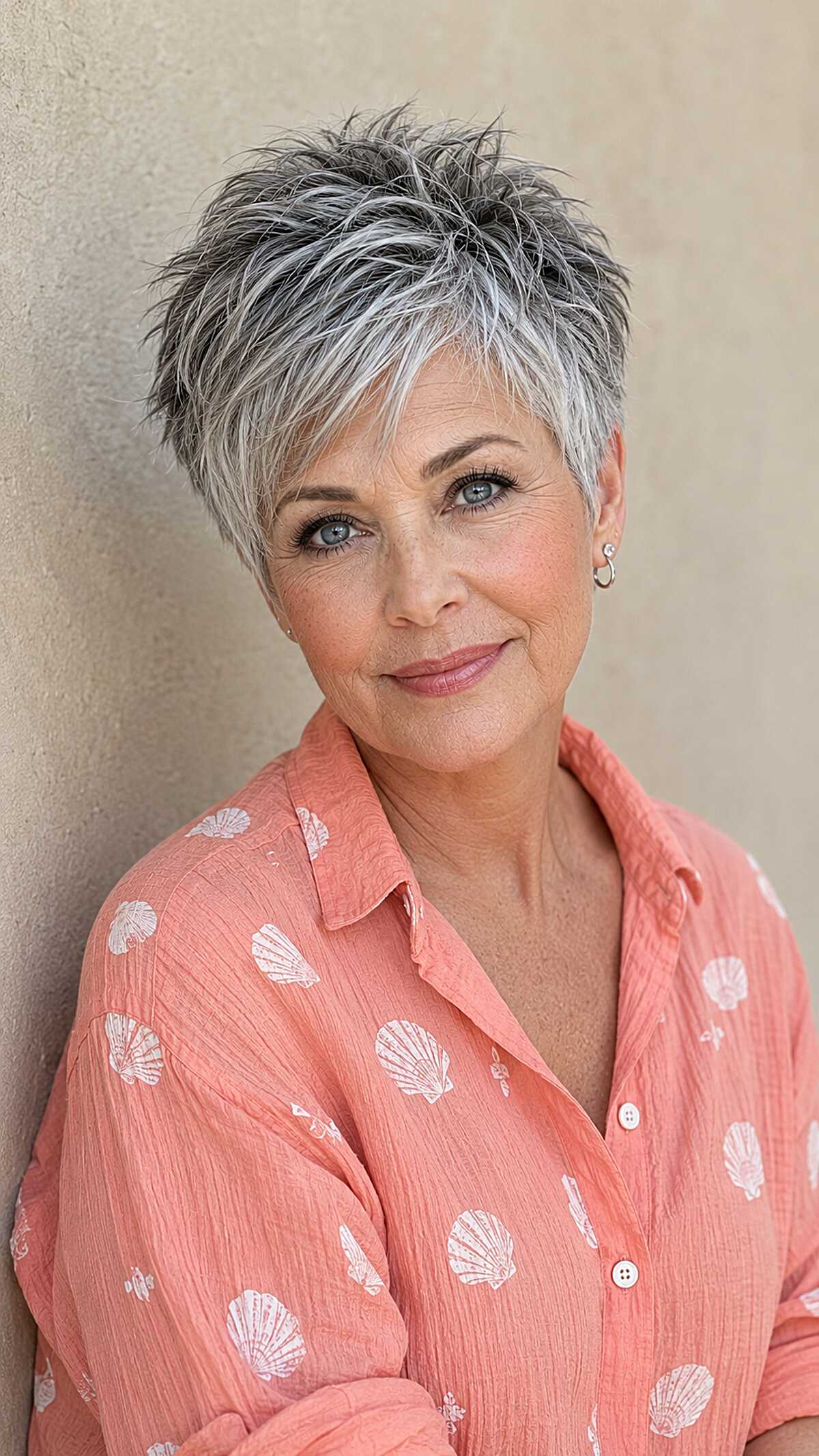 Spiky salt-and-pepper crop with dark roots haircut for women over 60