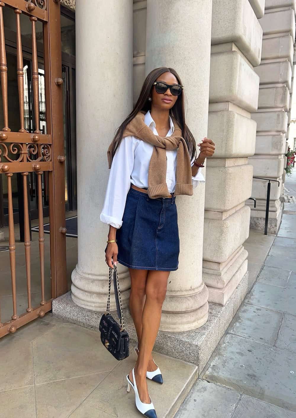 Denim skirt with a white button-down and sling-back heels work outfit