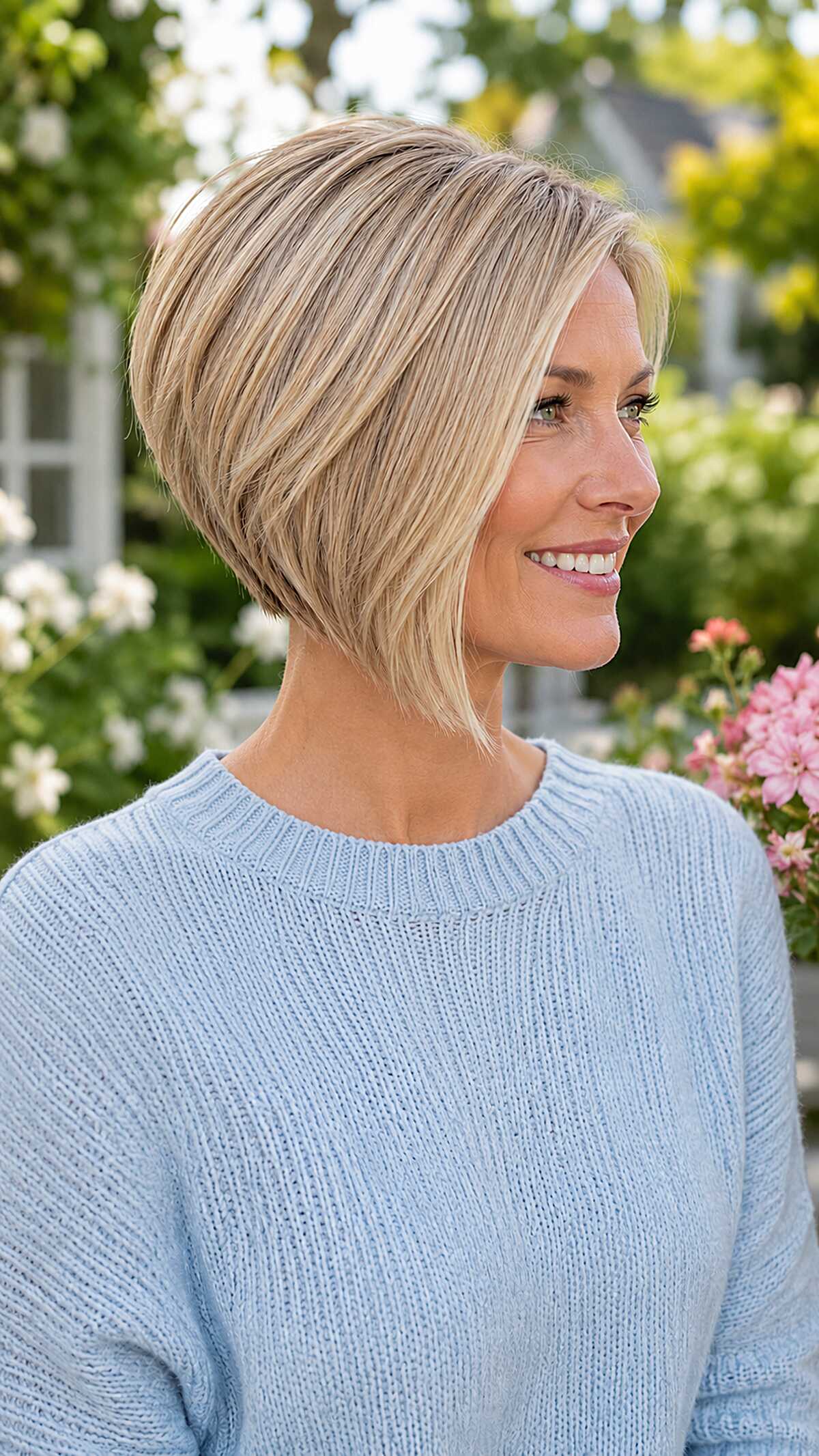 Stacked blonde bob with a sharp graduated back