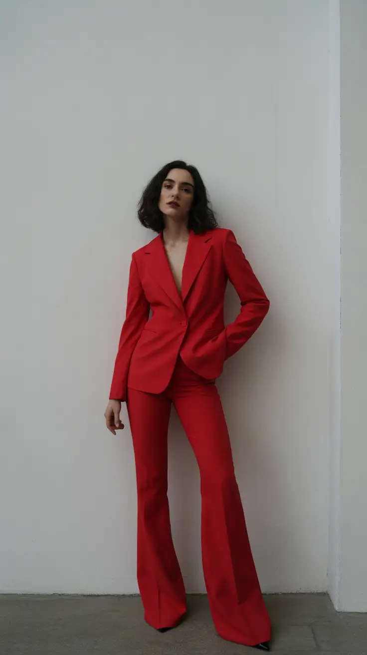 Bold red tailored suit with flared trousers formal outfit