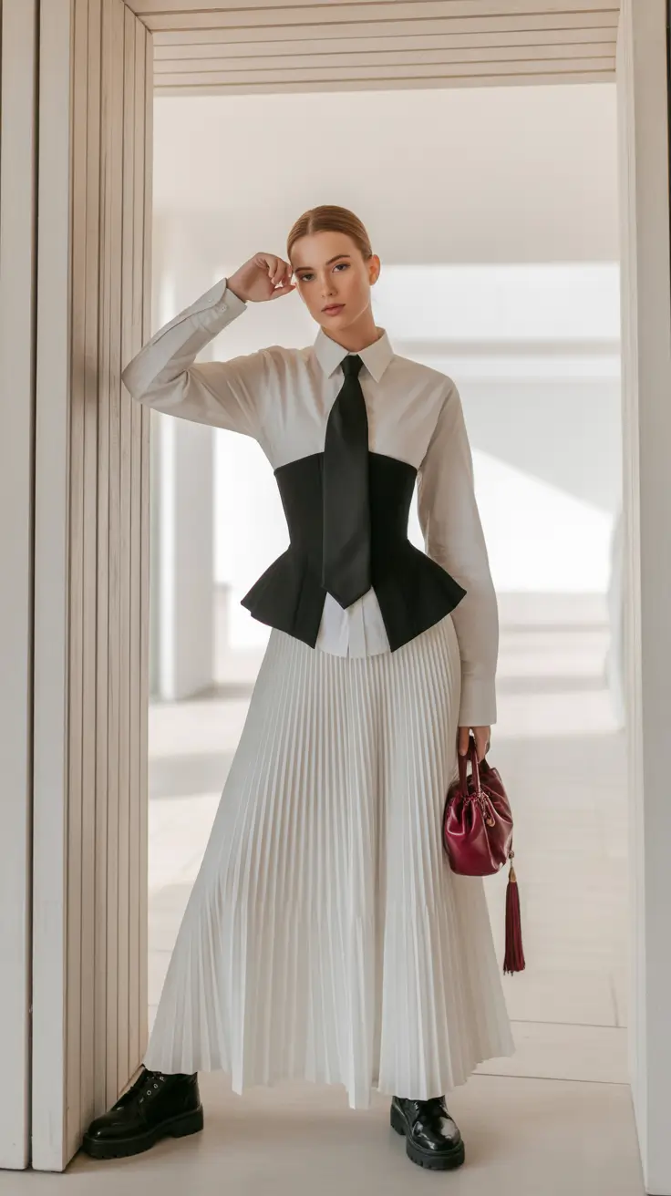 Pleated skirt with structured corset top and tie formal outfit