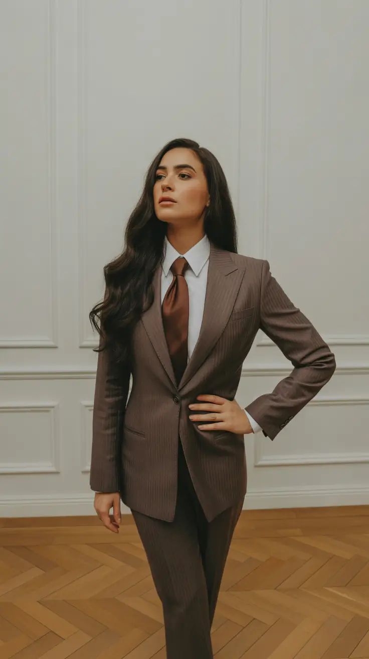 Chocolate pinstripe suit with white shirt formal outfit