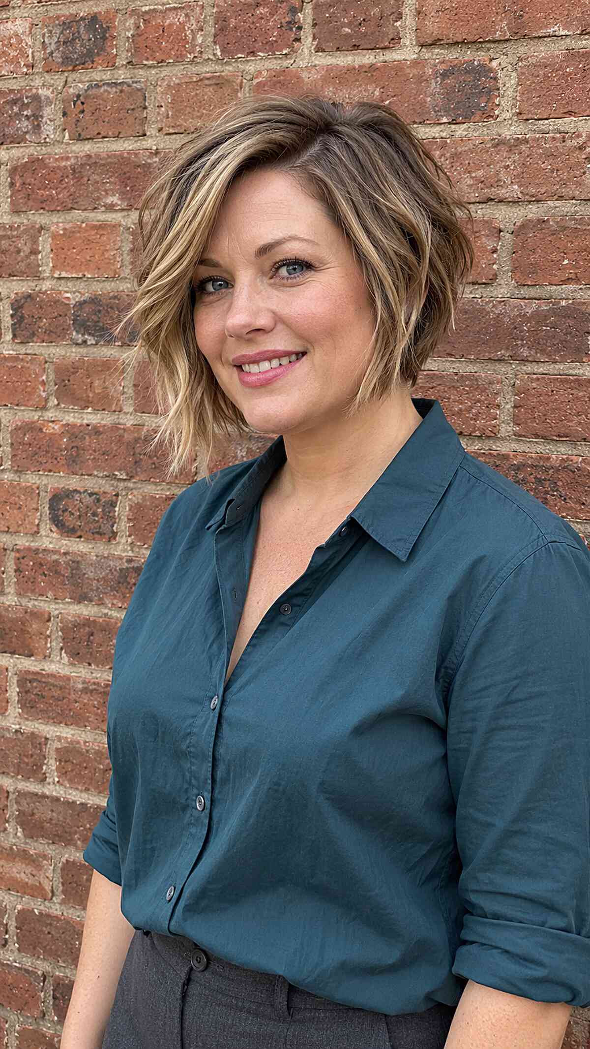 Inverted shag bob haircut with a shorter back and longer front layers