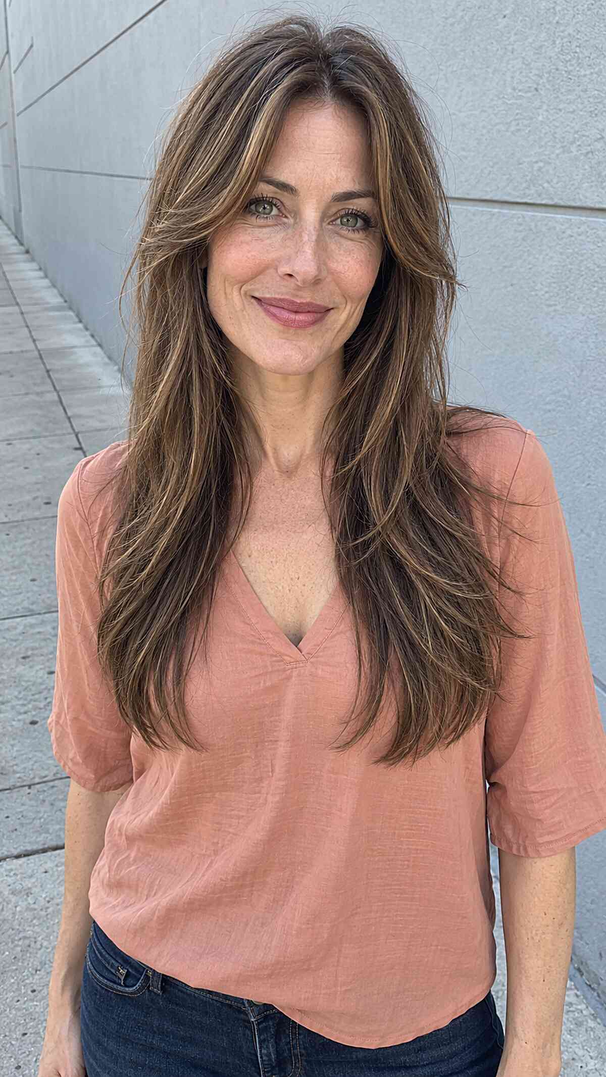 Long shag haircut with curtain bangs and feathered ends for straight hair