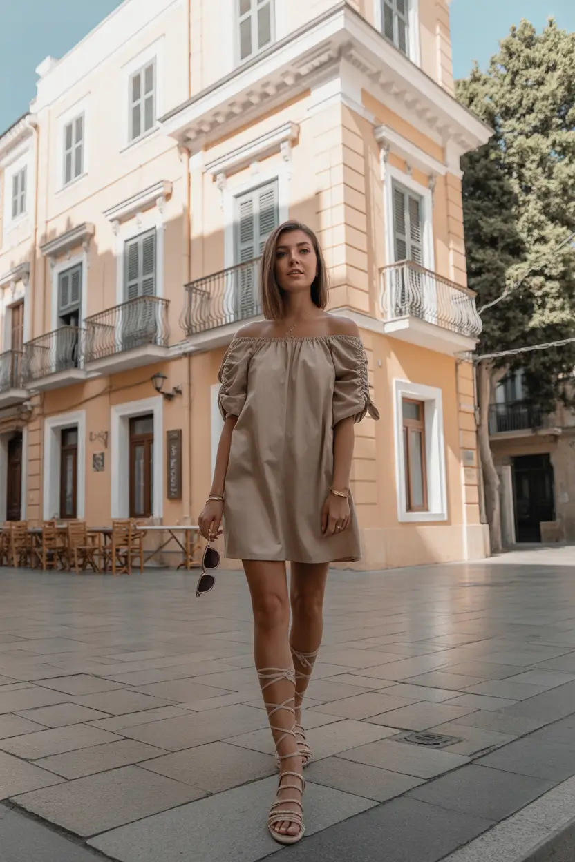 Neutral off-shoulder dress in brown and beige casual outfit