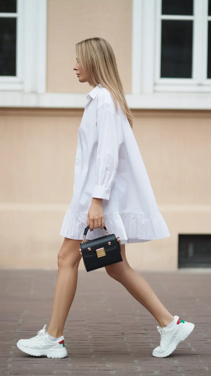 White oversized shirt dress with ruffle hem casual outfit