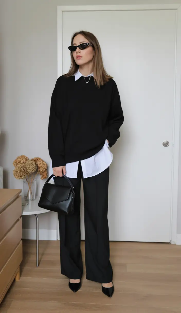 Black knit over a white shirt with slim black trousers casual office outfit