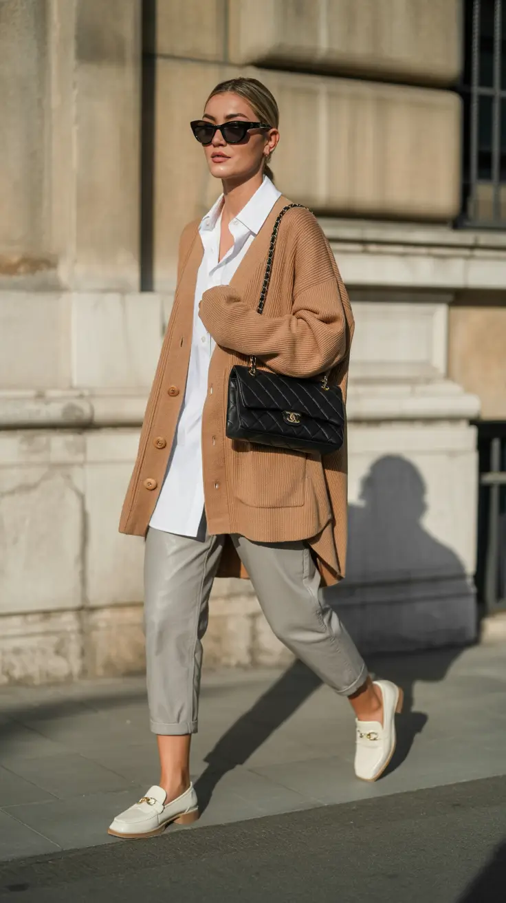Camel cardigan over a white shirt with grey cuffed trousers casual office outfit
