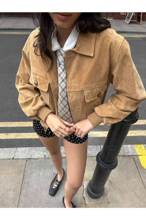 Tan Suede Jacket with a Tie Shirt and Polka-Dot Shorts jacket outfit