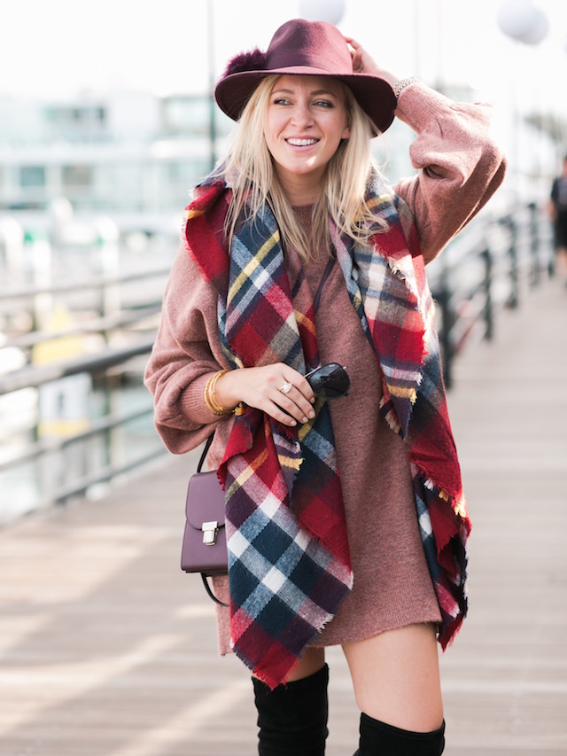 Dusty Rose Sweater Dress With a Plaid Blanket Scarf and Over-the-Knee Boots winter formal dress