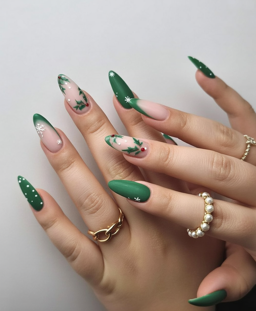 Matte Dark Green Christmas Nails with Holly dark green winter nail design