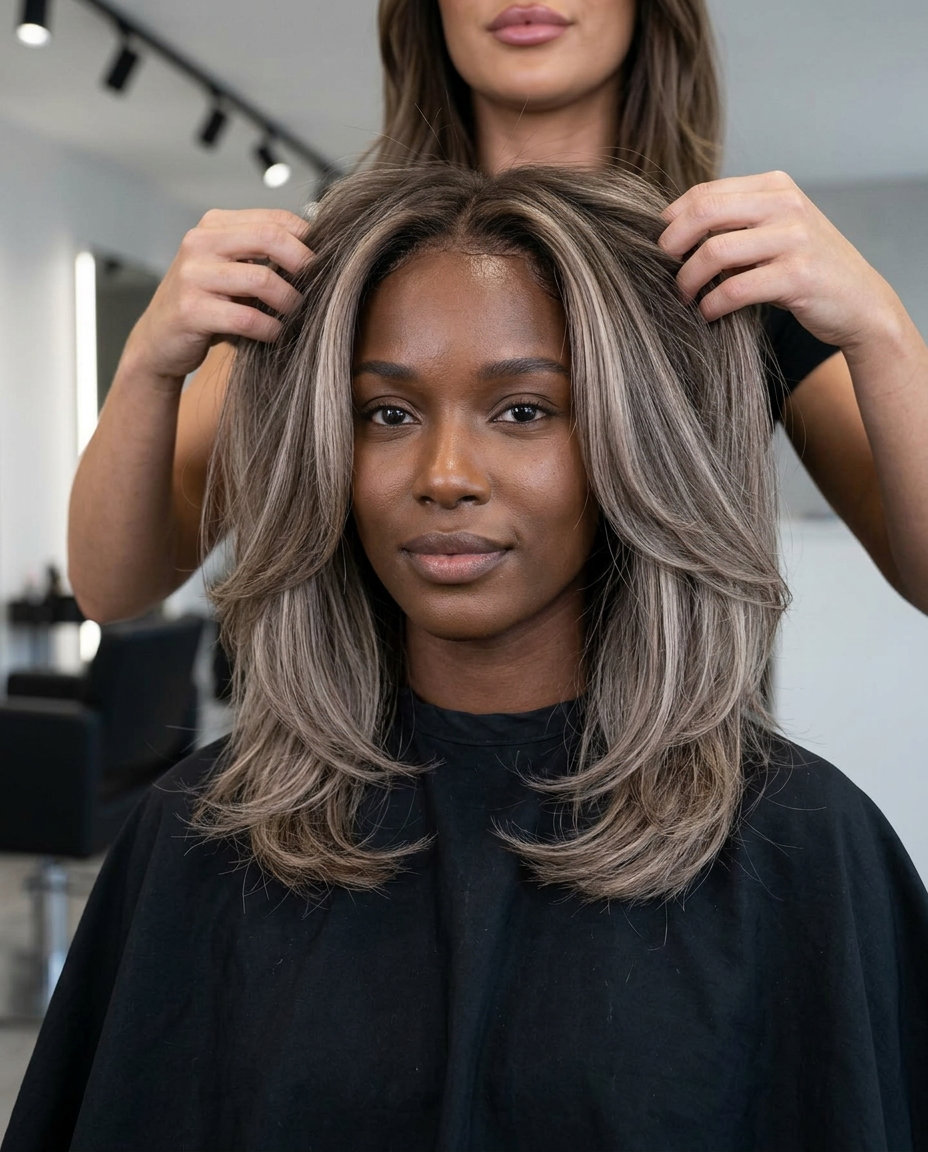 Pale taupe mushroom layered hair with face-framing in a salon