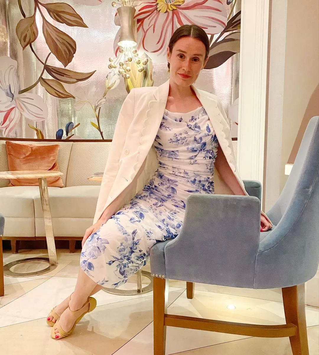 Blue Floral Midi Dress with a White Blazer coquette outfit